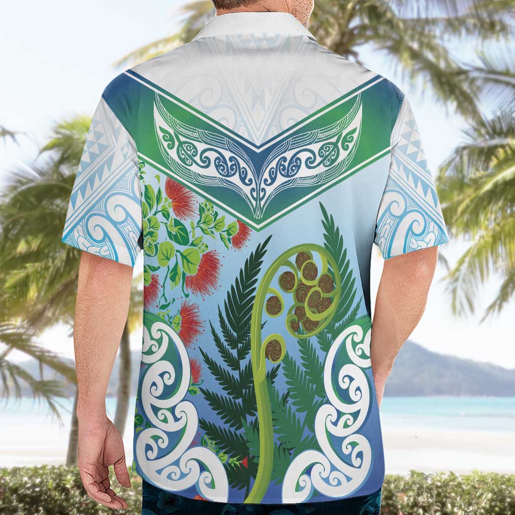 Aotearoa New Zealand Natural Plants Hawaiian Shirt Pohutukawa with Silver Ferns Koru Frond Maori Tattoos