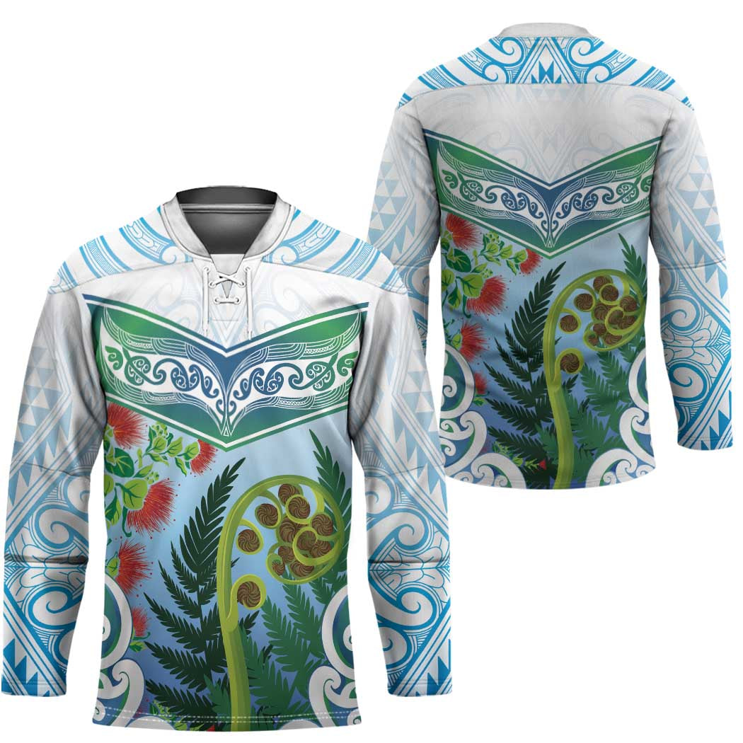 Aotearoa New Zealand Natural Plants Hockey Jersey Pohutukawa with Silver Ferns Koru Frond Maori Tattoos