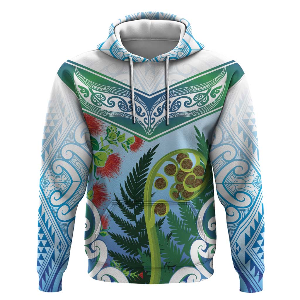 Aotearoa New Zealand Natural Plants Hoodie Pohutukawa with Silver Ferns Koru Frond Maori Tattoos