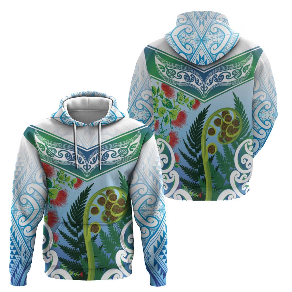 Aotearoa New Zealand Natural Plants Hoodie Pohutukawa with Silver Ferns Koru Frond Maori Tattoos