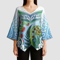 Aotearoa New Zealand Natural Plants Kimono Sleeve Blouse Pohutukawa with Silver Ferns Koru Frond Maori Tattoos