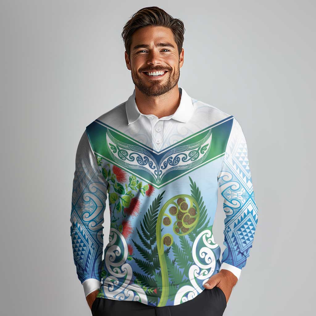 Aotearoa New Zealand Natural Plants Long Sleeve Polo Shirt Pohutukawa with Silver Ferns Koru Frond Maori Tattoos