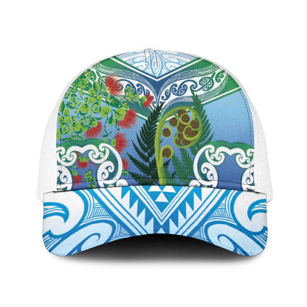 Aotearoa New Zealand Natural Plants Mesh Trucker Cap Pohutukawa with Silver Ferns Koru Frond Maori Tattoos