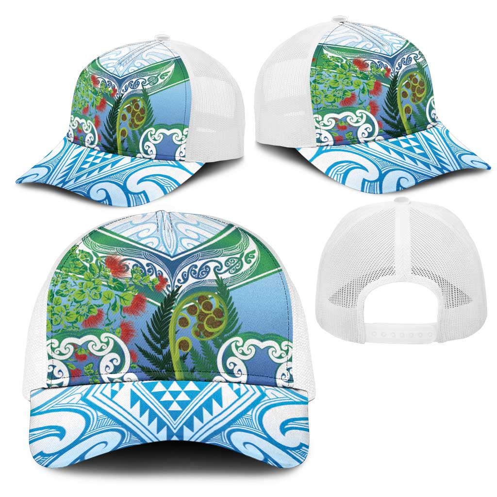 Aotearoa New Zealand Natural Plants Mesh Trucker Cap Pohutukawa with Silver Ferns Koru Frond Maori Tattoos