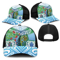 Aotearoa New Zealand Natural Plants Mesh Trucker Cap Pohutukawa with Silver Ferns Koru Frond Maori Tattoos