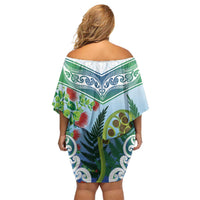 Aotearoa New Zealand Natural Plants Off Shoulder Short Dress Pohutukawa with Silver Ferns Koru Frond Maori Tattoos