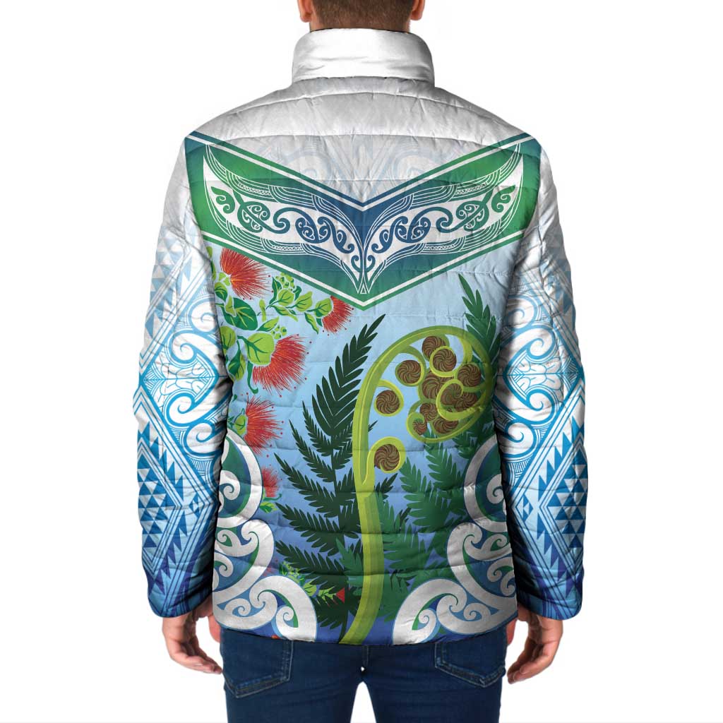 Aotearoa New Zealand Natural Plants Padded Jacket Pohutukawa with Silver Ferns Koru Frond Maori Tattoos