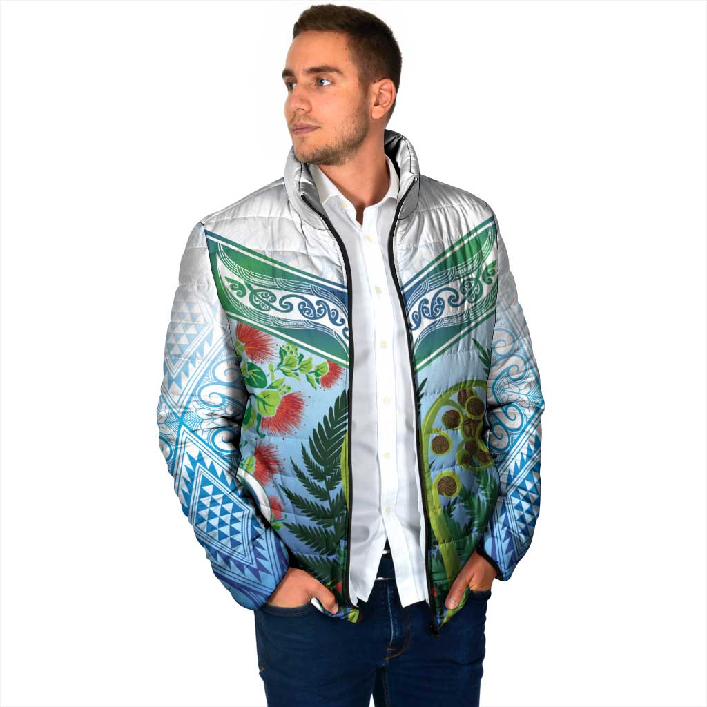 Aotearoa New Zealand Natural Plants Padded Jacket Pohutukawa with Silver Ferns Koru Frond Maori Tattoos
