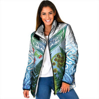 Aotearoa New Zealand Natural Plants Padded Jacket Pohutukawa with Silver Ferns Koru Frond Maori Tattoos