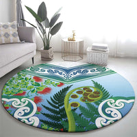 Aotearoa New Zealand Natural Plants Round Carpet Pohutukawa with Silver Ferns Koru Frond Maori Tattoos