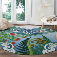 Aotearoa New Zealand Natural Plants Round Carpet Pohutukawa with Silver Ferns Koru Frond Maori Tattoos