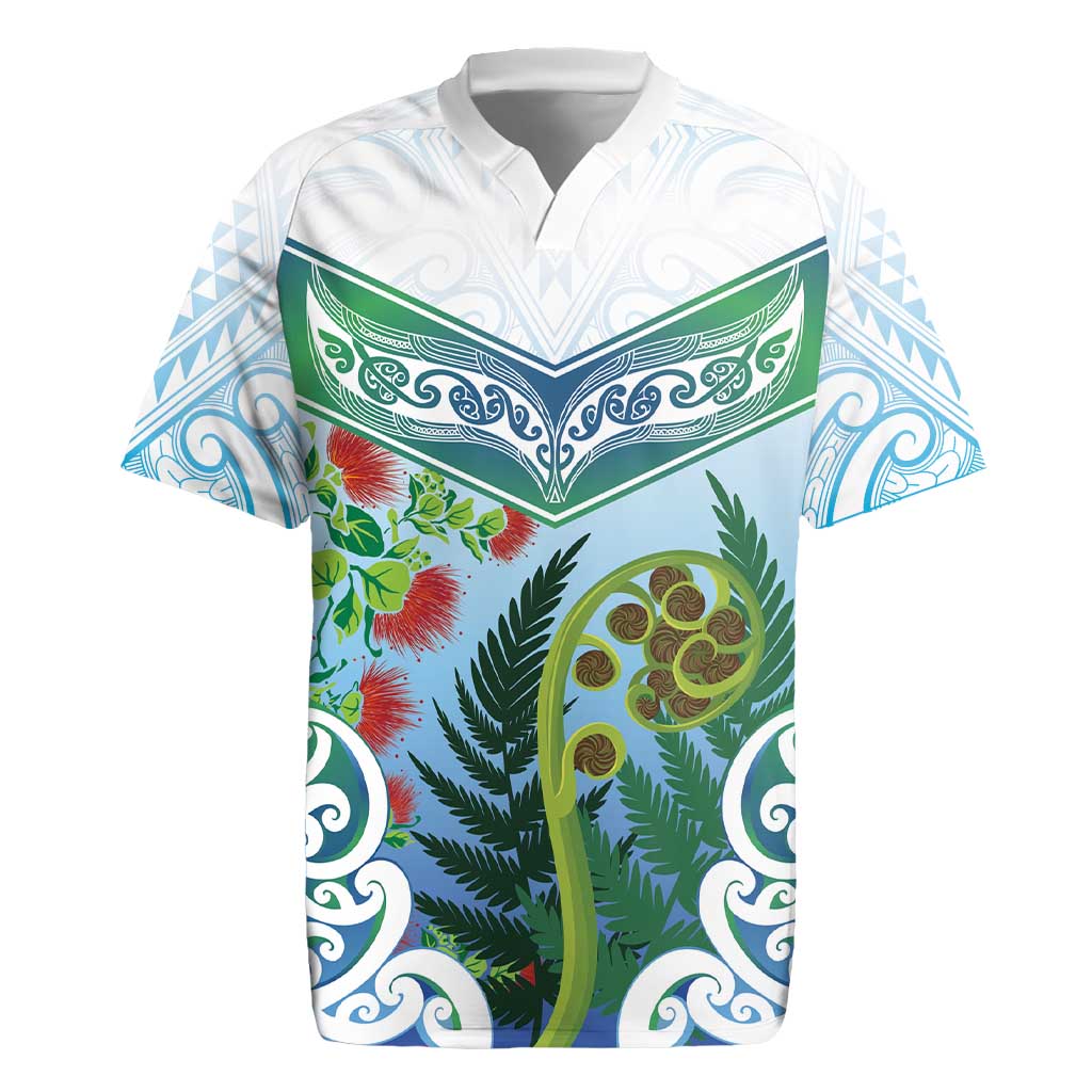 Aotearoa New Zealand Natural Plants Rugby Jersey Pohutukawa with Silver Ferns Koru Frond Maori Tattoos