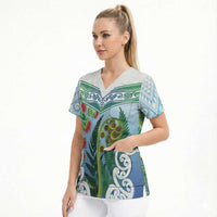 Aotearoa New Zealand Natural Plants Scrub Top Pohutukawa with Silver Ferns Koru Frond Maori Tattoos