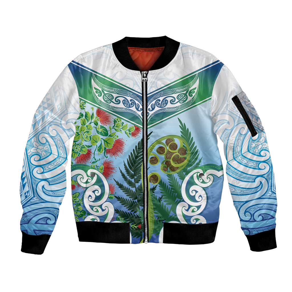 Aotearoa New Zealand Natural Plants Sleeve Zip Bomber Jacket Pohutukawa with Silver Ferns Koru Frond Maori Tattoos LT03 Unisex Multicolor - Polynesian Pride