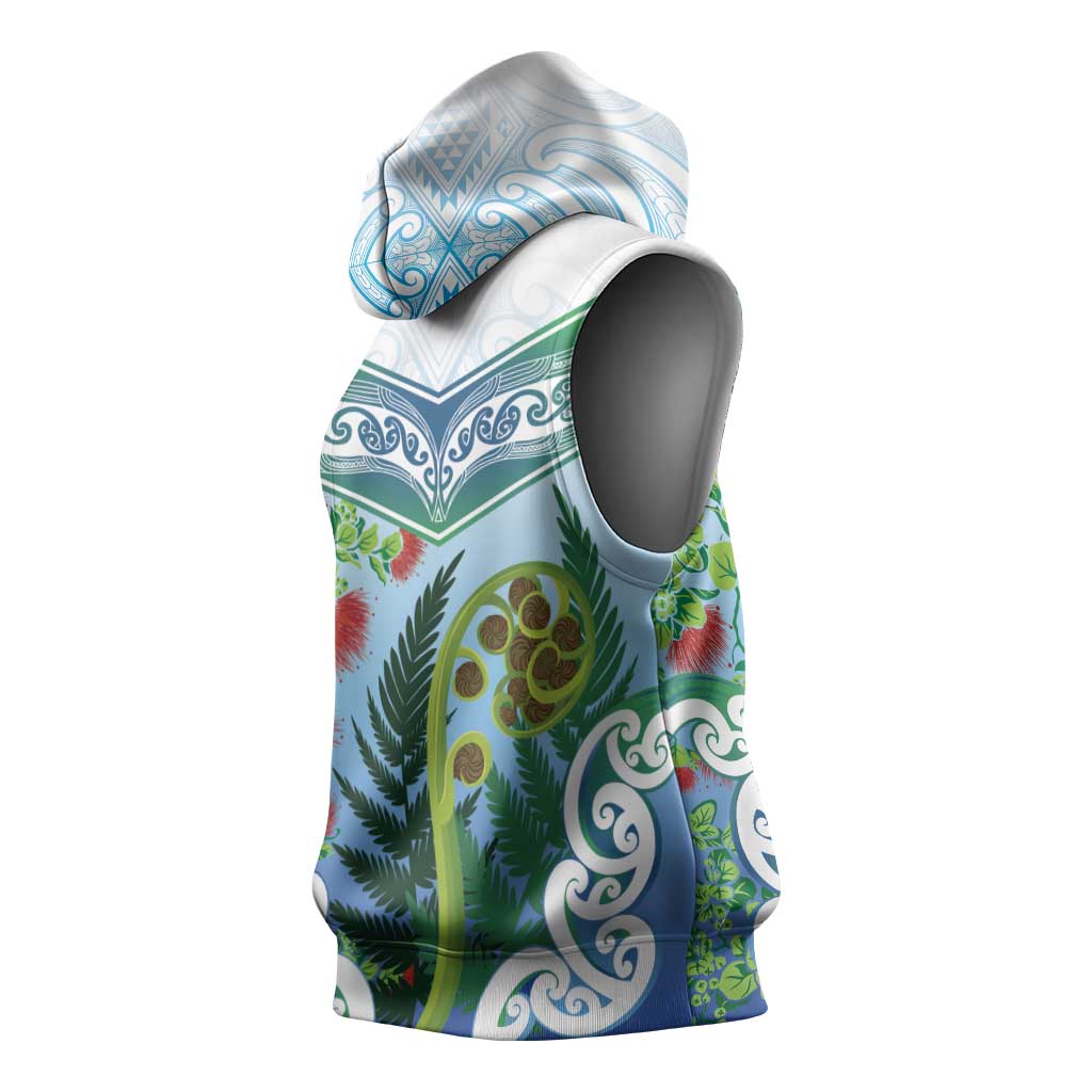 Aotearoa New Zealand Natural Plants Sleeveless Hoodie Pohutukawa with Silver Ferns Koru Frond Maori Tattoos