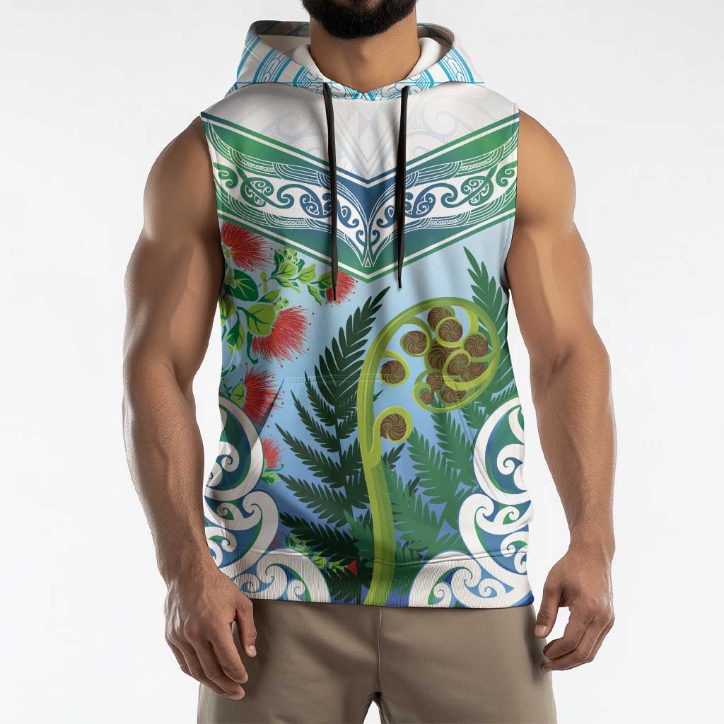 Aotearoa New Zealand Natural Plants Sleeveless Hoodie Pohutukawa with Silver Ferns Koru Frond Maori Tattoos