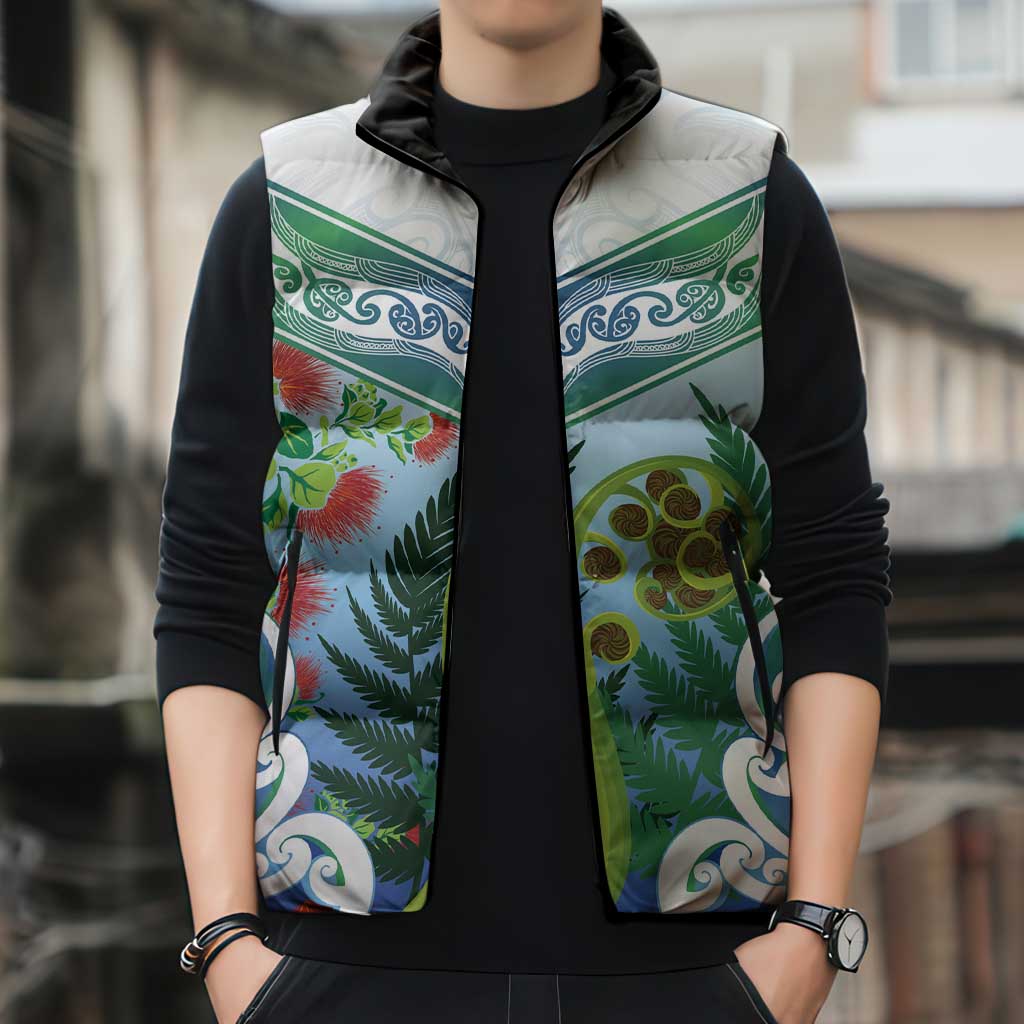 Aotearoa New Zealand Natural Plants Sleeveless Puffer Jacket Pohutukawa with Silver Ferns Koru Frond Maori Tattoos