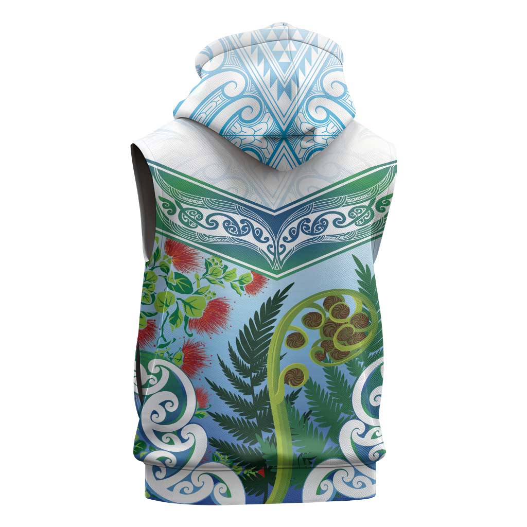 Aotearoa New Zealand Natural Plants Sleeveless Zip Hoodie Pohutukawa with Silver Ferns Koru Frond Maori Tattoos