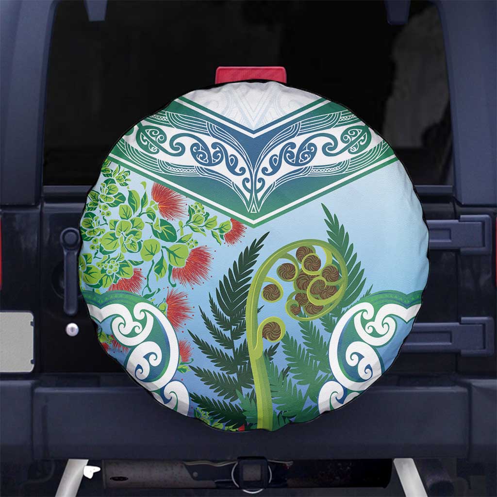 Aotearoa New Zealand Natural Plants Spare Tire Cover Pohutukawa with Silver Ferns Koru Frond Maori Tattoos LT03 No hole Multicolor - Polynesian Pride