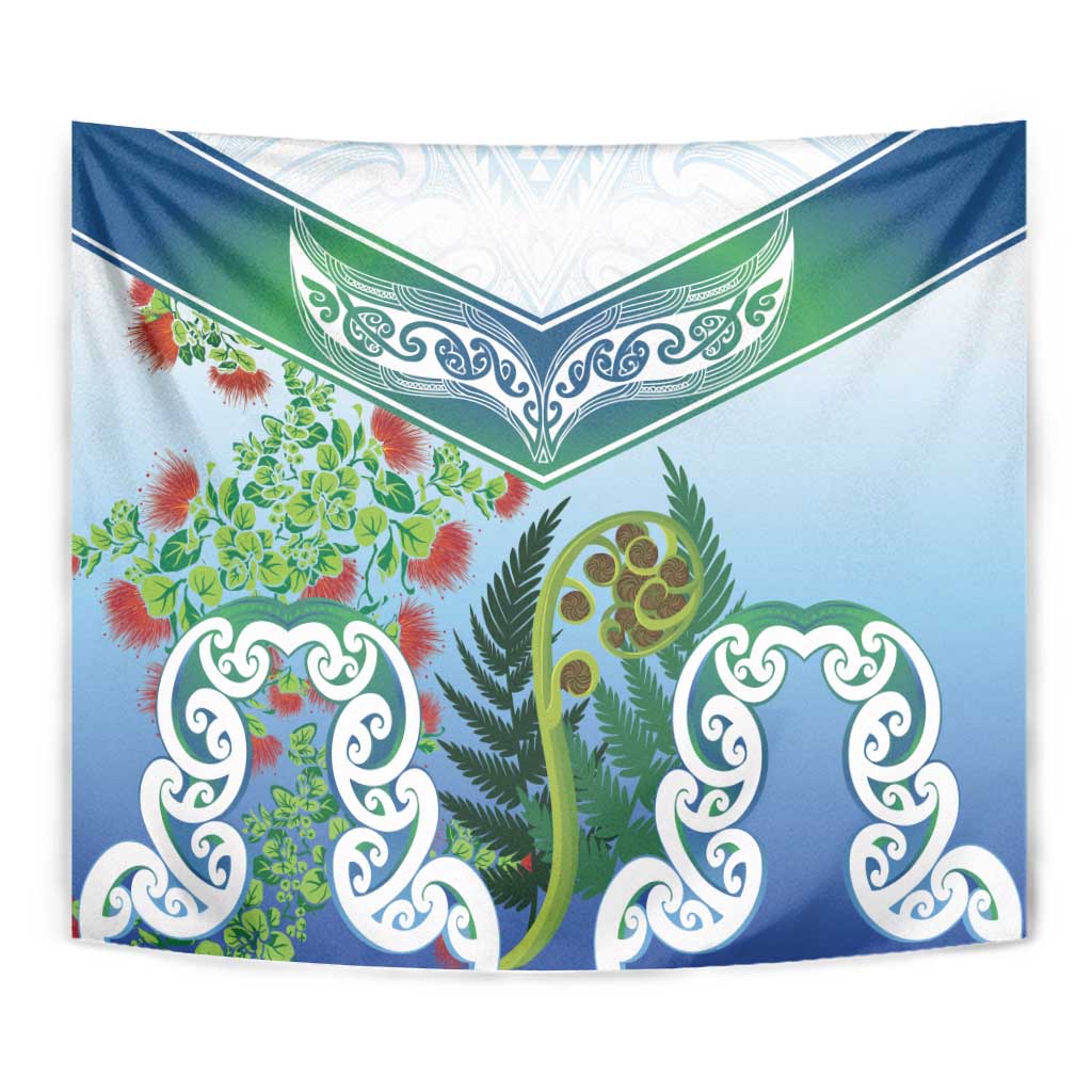 Aotearoa New Zealand Natural Plants Tapestry Pohutukawa with Silver Ferns Koru Frond Maori Tattoos