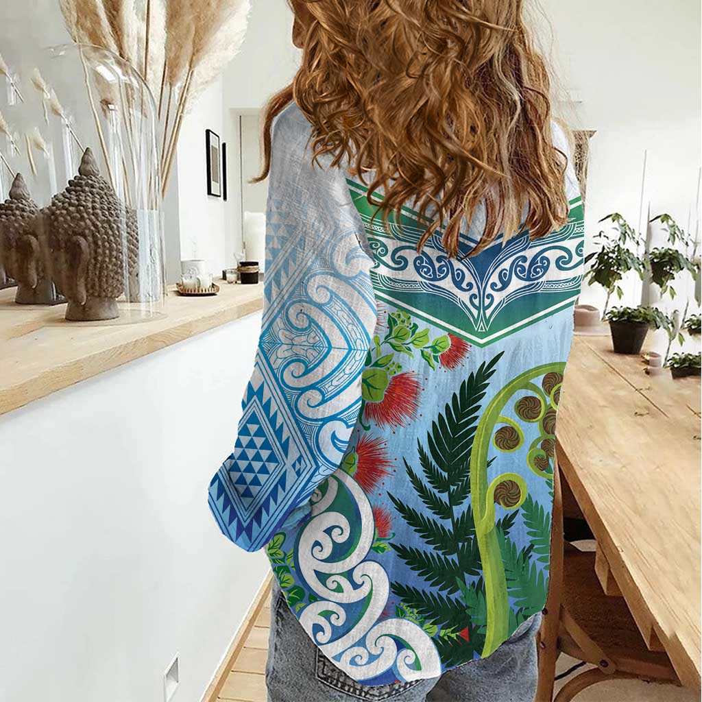 Aotearoa New Zealand Natural Plants Women Casual Shirt Pohutukawa with Silver Ferns Koru Frond Maori Tattoos