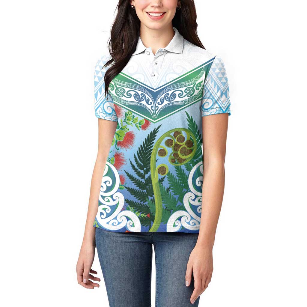Aotearoa New Zealand Natural Plants Women Polo Shirt Pohutukawa with Silver Ferns Koru Frond Maori Tattoos