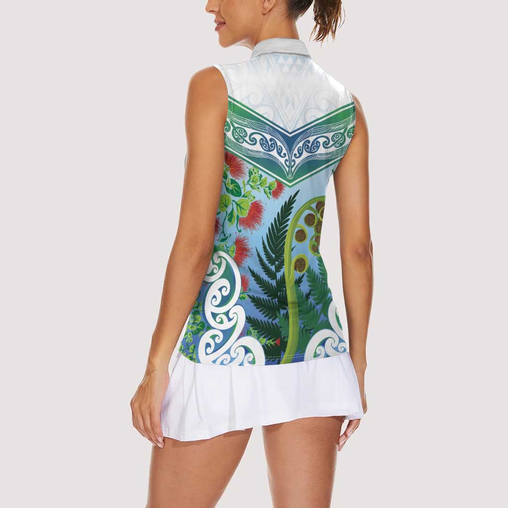 Aotearoa New Zealand Natural Plants Women Sleeveless Polo Shirt Pohutukawa with Silver Ferns Koru Frond Maori Tattoos