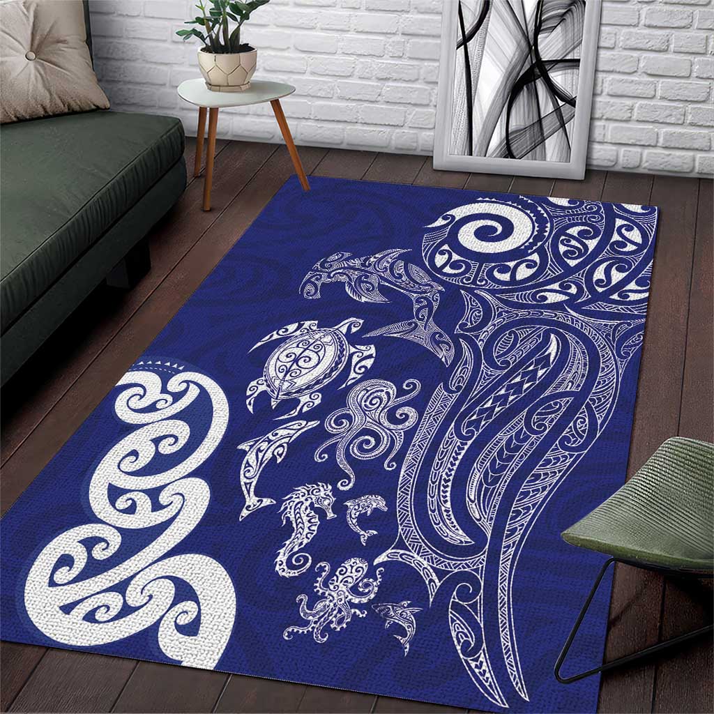 New Zealand Sea Animals with Maori Tribal Tattoo Area Rug Blue Color
