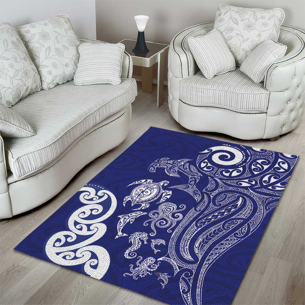 New Zealand Sea Animals with Maori Tribal Tattoo Area Rug Blue Color
