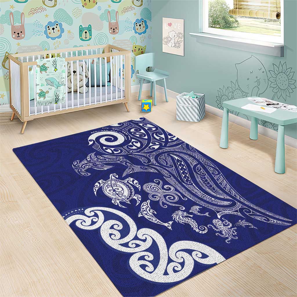 New Zealand Sea Animals with Maori Tribal Tattoo Area Rug Blue Color