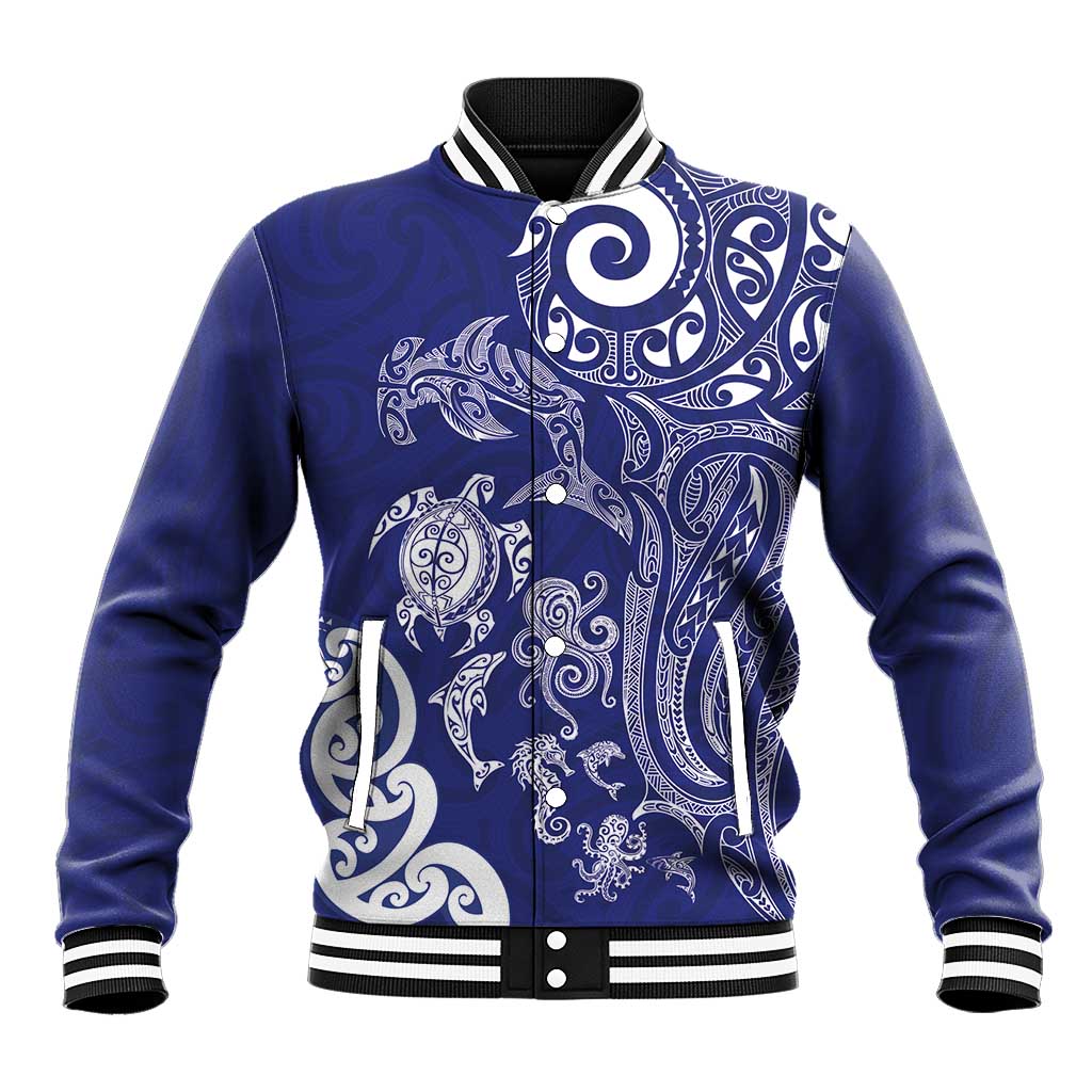 New Zealand Sea Animals with Maori Tribal Tattoo Baseball Jacket Blue Color LT03 Unisex Blue - Polynesian Pride