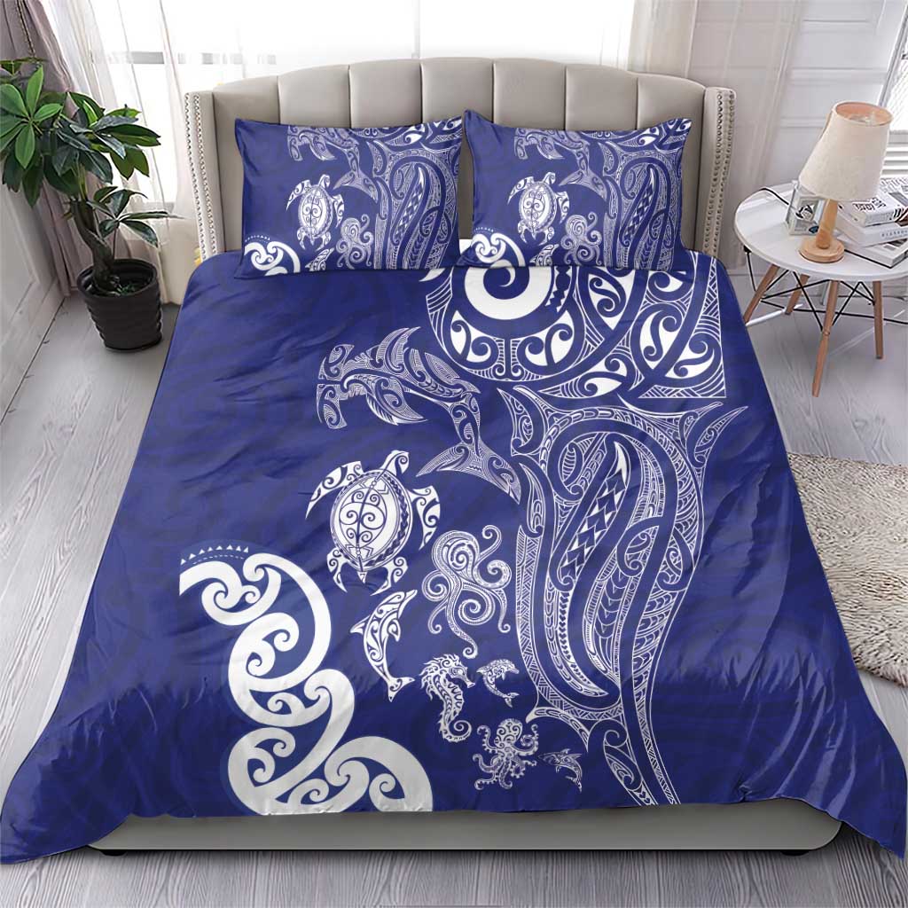 New Zealand Sea Animals with Maori Tribal Tattoo Bedding Set Blue Color LT03 - Polynesian Pride