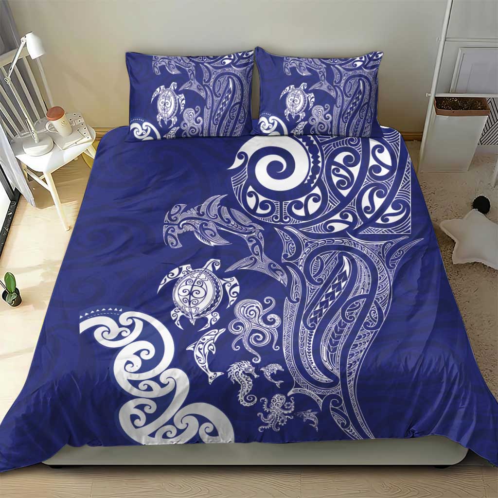 New Zealand Sea Animals with Maori Tribal Tattoo Bedding Set Blue Color LT03 - Polynesian Pride