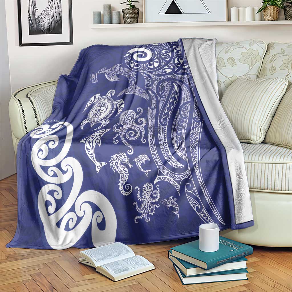 New Zealand Sea Animals with Maori Tribal Tattoo Blanket Blue Color LT03 Blue - Polynesian Pride