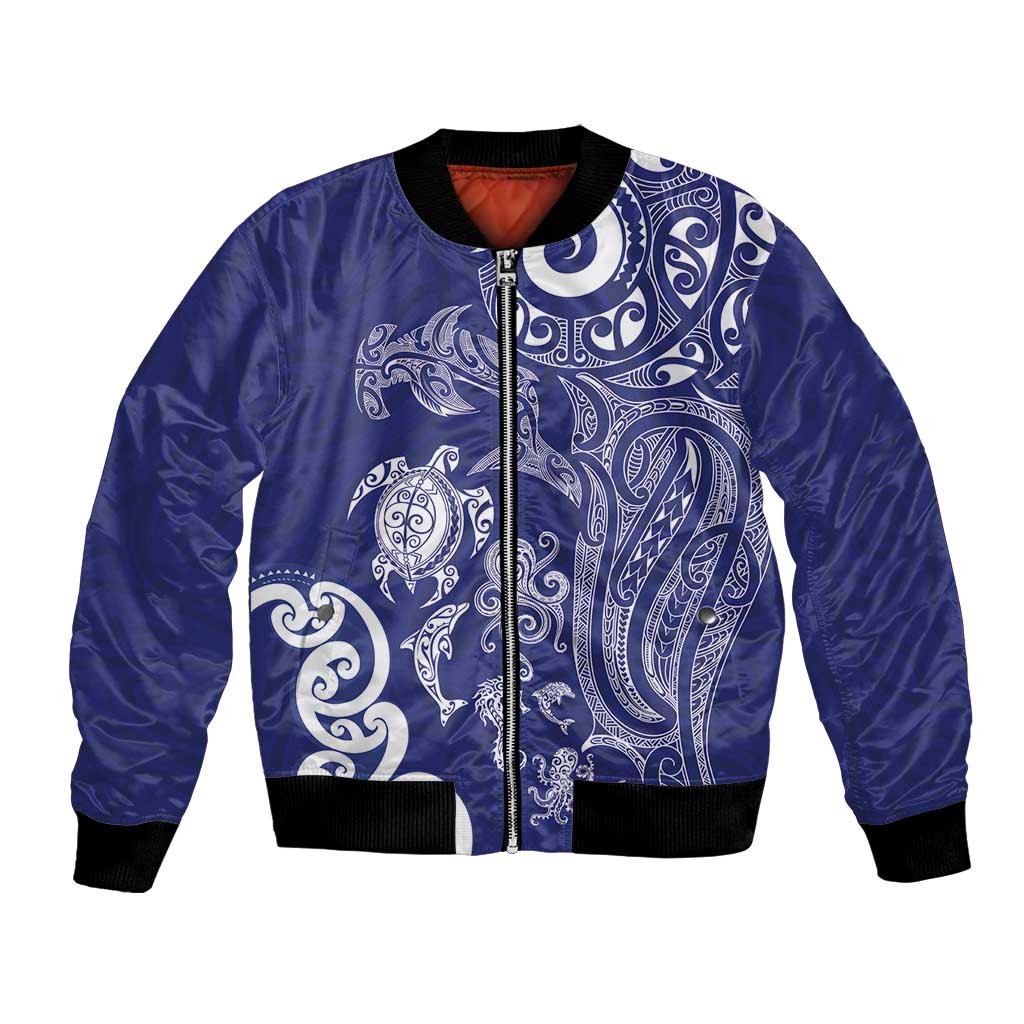 New Zealand Sea Animals with Maori Tribal Tattoo Bomber Jacket Blue Color LT03 Unisex Blue - Polynesian Pride
