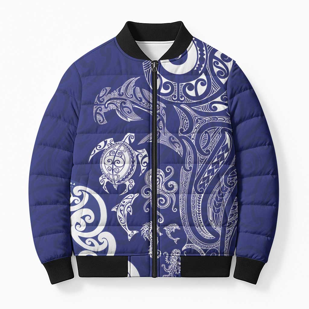 New Zealand Sea Animals with Maori Tribal Tattoo Bomber Puffer Jacket Blue Color LT03 Unisex Blue - Polynesian Pride