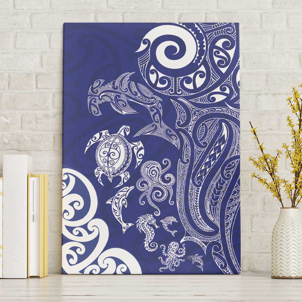 New Zealand Sea Animals with Maori Tribal Tattoo Canvas Wall Art Blue Color LT03 Without Frame Blue - Polynesian Pride