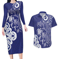 New Zealand Sea Animals with Maori Tribal Tattoo Couples Matching Long Sleeve Bodycon Dress and Hawaiian Shirt Blue Color