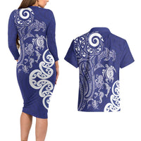 New Zealand Sea Animals with Maori Tribal Tattoo Couples Matching Long Sleeve Bodycon Dress and Hawaiian Shirt Blue Color