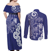 New Zealand Sea Animals with Maori Tribal Tattoo Couples Matching Off Shoulder Maxi Dress and Long Sleeve Button Shirt Blue Color