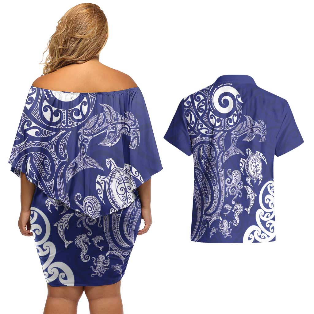 New Zealand Sea Animals with Maori Tribal Tattoo Couples Matching Off Shoulder Short Dress and Hawaiian Shirt Blue Color