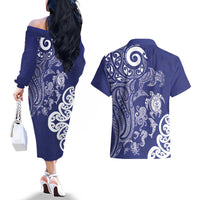New Zealand Sea Animals with Maori Tribal Tattoo Couples Matching Off The Shoulder Long Sleeve Dress and Hawaiian Shirt Blue Color