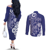New Zealand Sea Animals with Maori Tribal Tattoo Couples Matching Off The Shoulder Long Sleeve Dress and Long Sleeve Button Shirt Blue Color