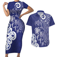 New Zealand Sea Animals with Maori Tribal Tattoo Couples Matching Short Sleeve Bodycon Dress and Hawaiian Shirt Blue Color