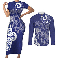 New Zealand Sea Animals with Maori Tribal Tattoo Couples Matching Short Sleeve Bodycon Dress and Long Sleeve Button Shirt Blue Color