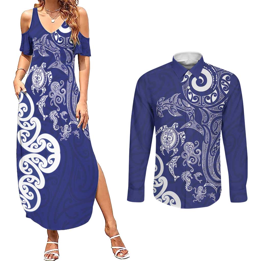 New Zealand Sea Animals with Maori Tribal Tattoo Couples Matching Summer Maxi Dress and Long Sleeve Button Shirt Blue Color