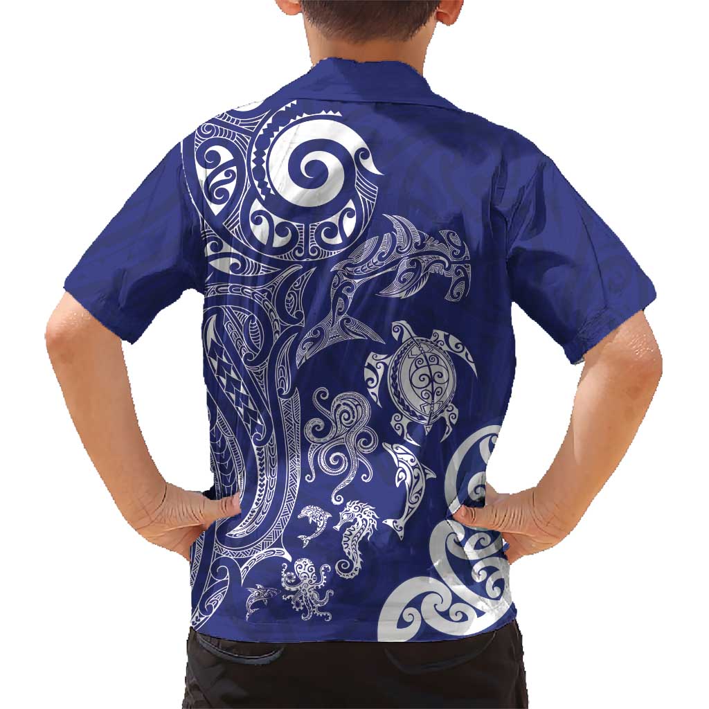 New Zealand Sea Animals with Maori Tribal Tattoo Family Matching Long Sleeve Bodycon Dress and Hawaiian Shirt Blue Color
