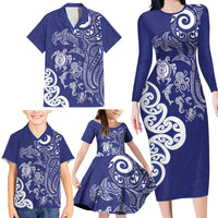 New Zealand Sea Animals with Maori Tribal Tattoo Family Matching Long Sleeve Bodycon Dress and Hawaiian Shirt Blue Color