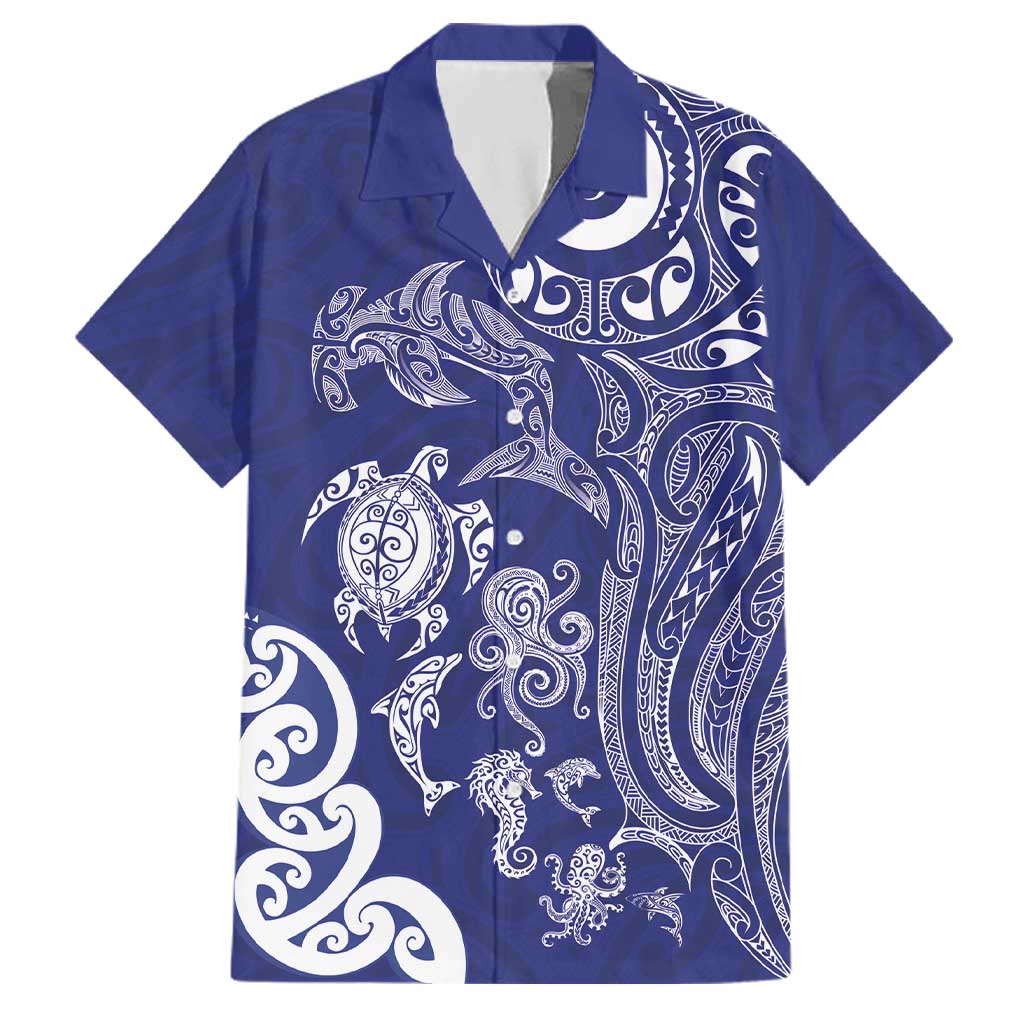 New Zealand Sea Animals with Maori Tribal Tattoo Family Matching Long Sleeve Bodycon Dress and Hawaiian Shirt Blue Color