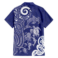 New Zealand Sea Animals with Maori Tribal Tattoo Family Matching Long Sleeve Bodycon Dress and Hawaiian Shirt Blue Color